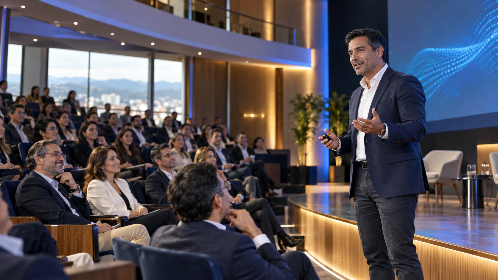 Facilitador dirigiendo una sesión HBC ante un auditorio de líderes y profesionales