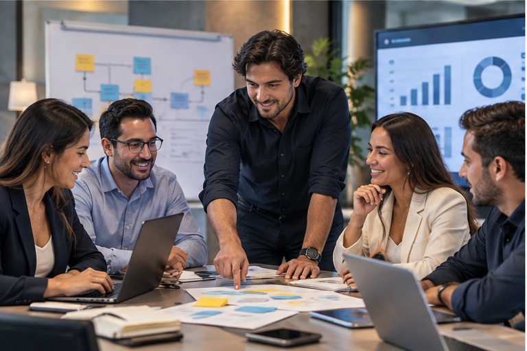 Equipo empresarial trabajando de forma colaborativa con inteligencia artificial